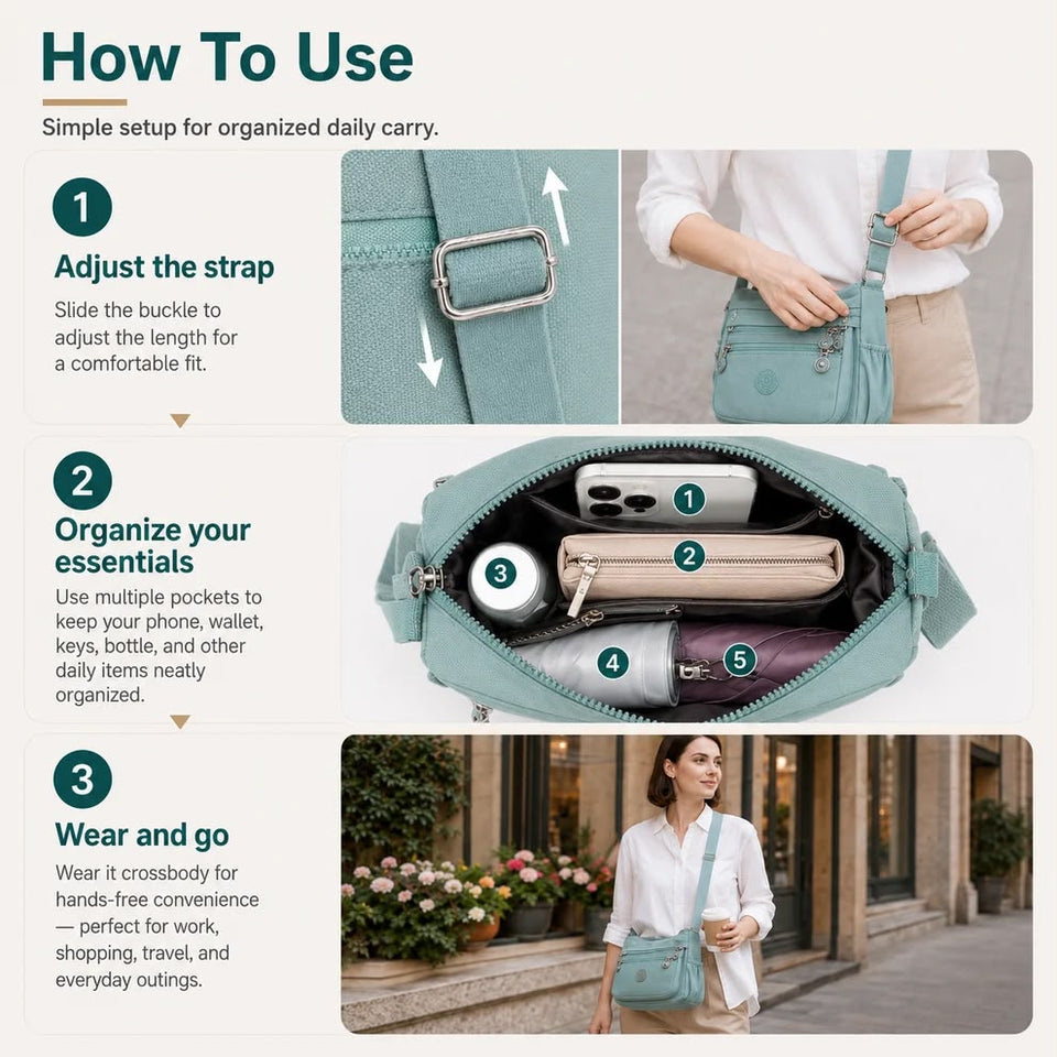 { Buy 1 Get 1 Free } Lightweight Nylon Crossbody Bag – Multi-Pocket, Water-Resistant, Adjustable
