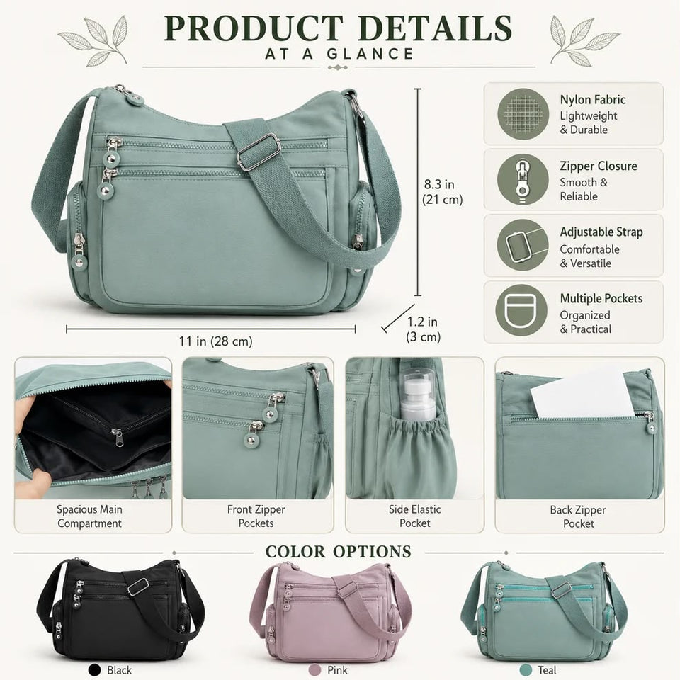 { Buy 1 Get 1 Free } Lightweight Nylon Crossbody Bag – Multi-Pocket, Water-Resistant, Adjustable